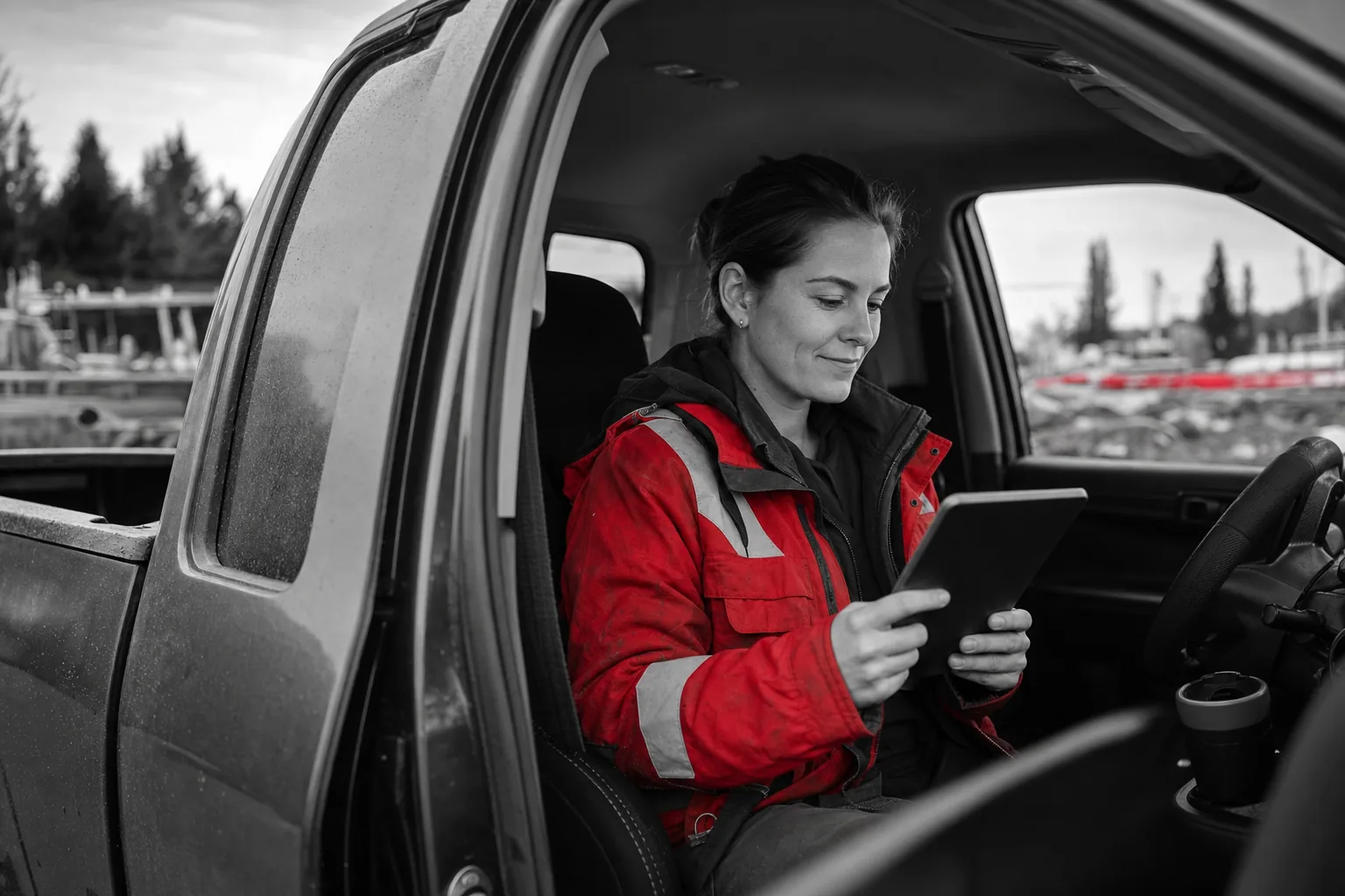 Gestionnaire de projet qui lit sa soumission sur une tablette dans son camion